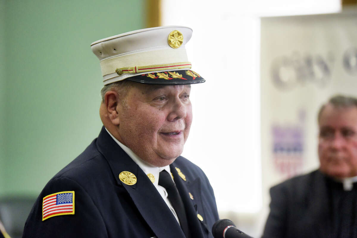 Cohoes Fire Chief Joseph Fahd addresses those gathered for a promotions and swearing-in ceremony for the police and the fire department at Cohoes City Hall on Wednesday, Aug. 28, 2019, in Cohoes, N.Y. (Paul Buckowski/Times Union)