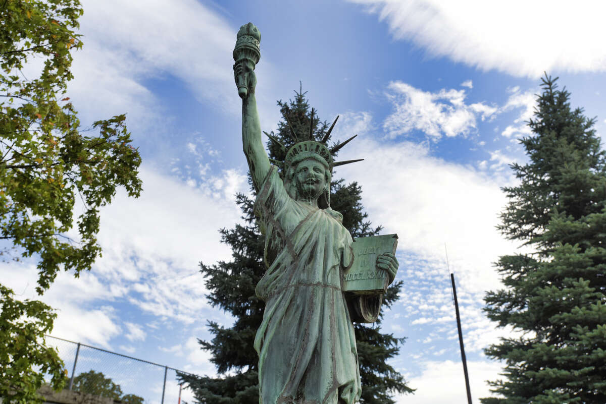 A view of a replica of the Statue of Liberty installed at the corner of Union Street and Erie Boulevard on Wednesday, Aug. 28, 2019, in Schenectady, N.Y. (Paul Buckowski/Times Union)