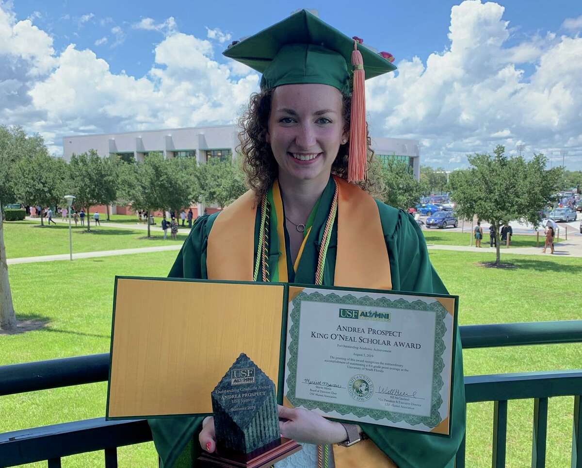 Andrea Prospect graduated from the University of South Florida on Aug. 3, 2019. She was named the South Florida Alumni Association’s Outstanding Graduate for summer 2019 and she received the King O’Neal Scholar Award.
