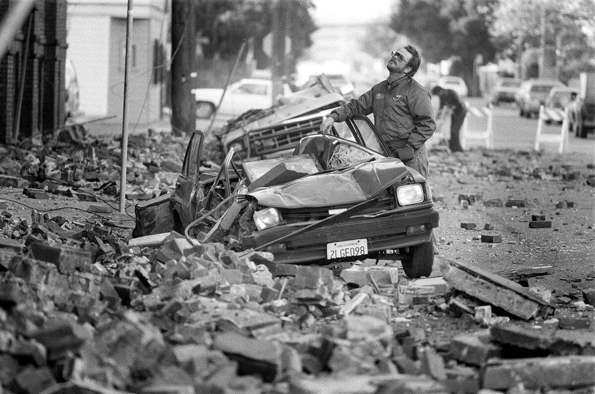 Loma Prieta earthquake caused bricks from buildings to fall on the street and cars in San Francisco.