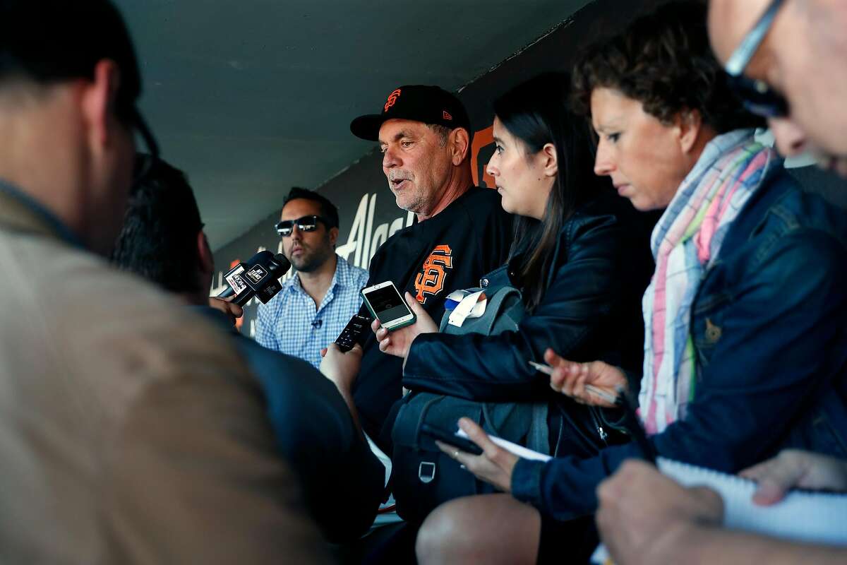 San Francisco Giants' manager Bruce Bochy during media availability in dugout before Giants play Arizona Diamondbacks in MLB game at Oracle Park in San Francisco, Calif., on Tuesday, August 27, 2019.
