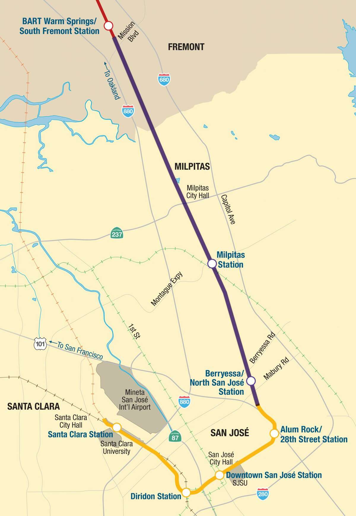Phase I and II of BART and VTA's extension project into the South Bay are seen in this map. The new Milpitas and Berryessa stations were slated to open in late 2019, but now VTA is saying plans are to open them some time in 2020. A projected date has not yet been given. The second phase, outlined in yellow, is also shown.