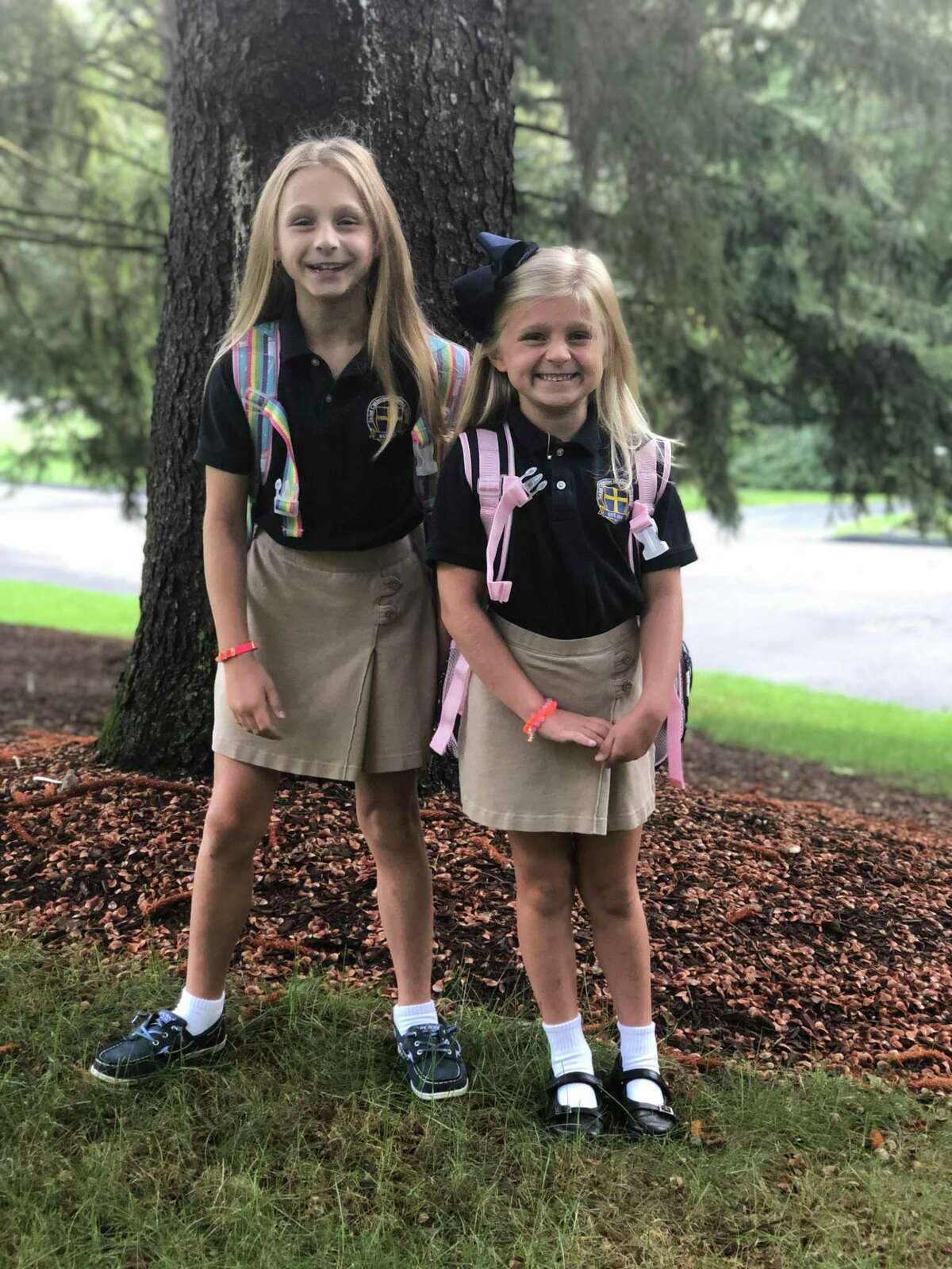Victoria (grade 3) and Julia Dobrydney (grade 1) on the first day of the 2019-20 school year at St. Catherine of Siena.