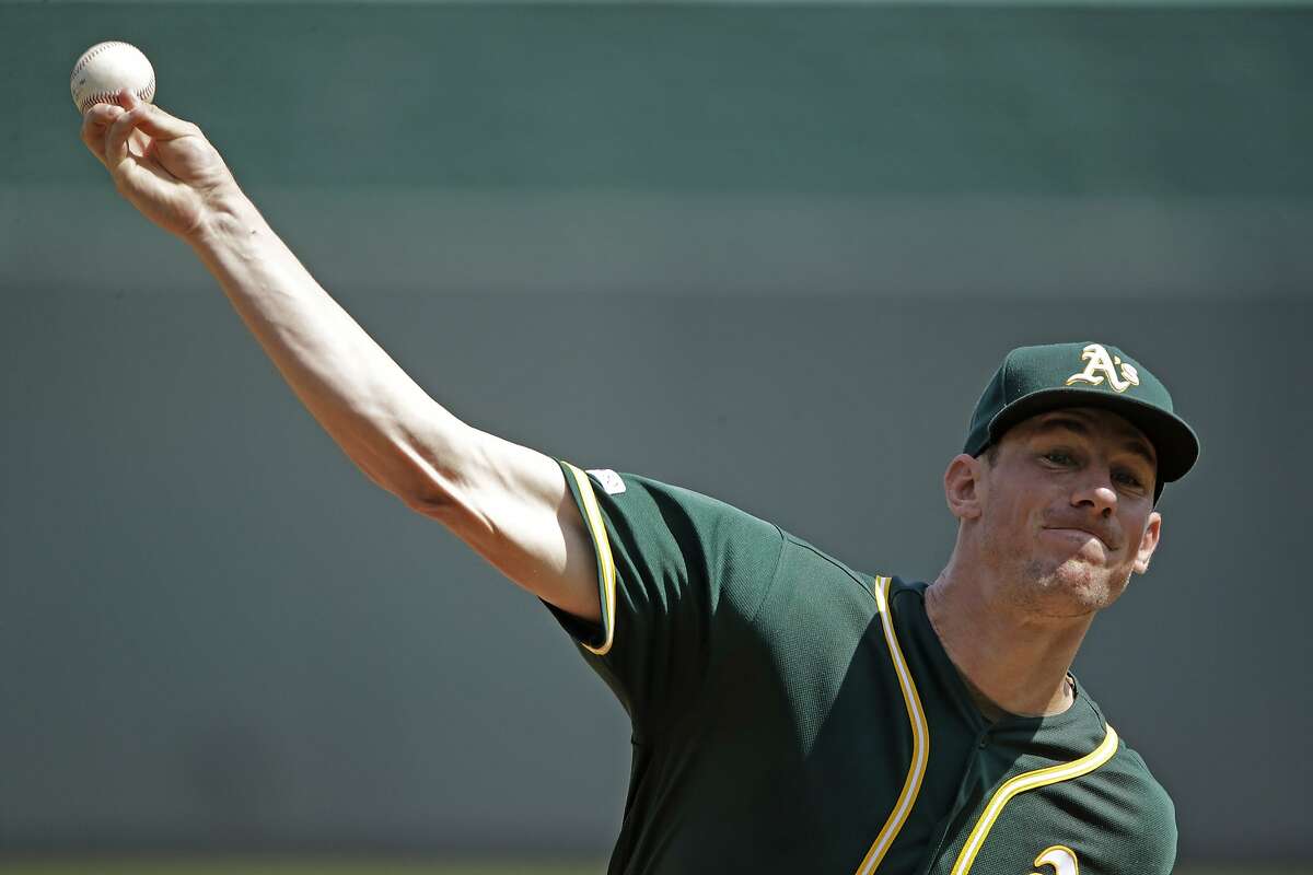 Oakland Athletics starting pitcher Chris Bassitt throws during the first inning of a baseball game against the Kansas City Royals Thursday, Aug. 29, 2019, in Kansas City, Mo. (AP Photo/Charlie Riedel)