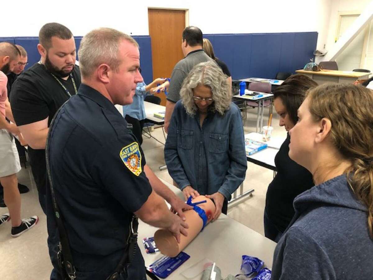 In East Haven, 385 school district teachers and faculty members participated in the national “Stop the Bleed” and “ALICE” training campaigns, sponsored by the East Haven Fire and Police Departments.