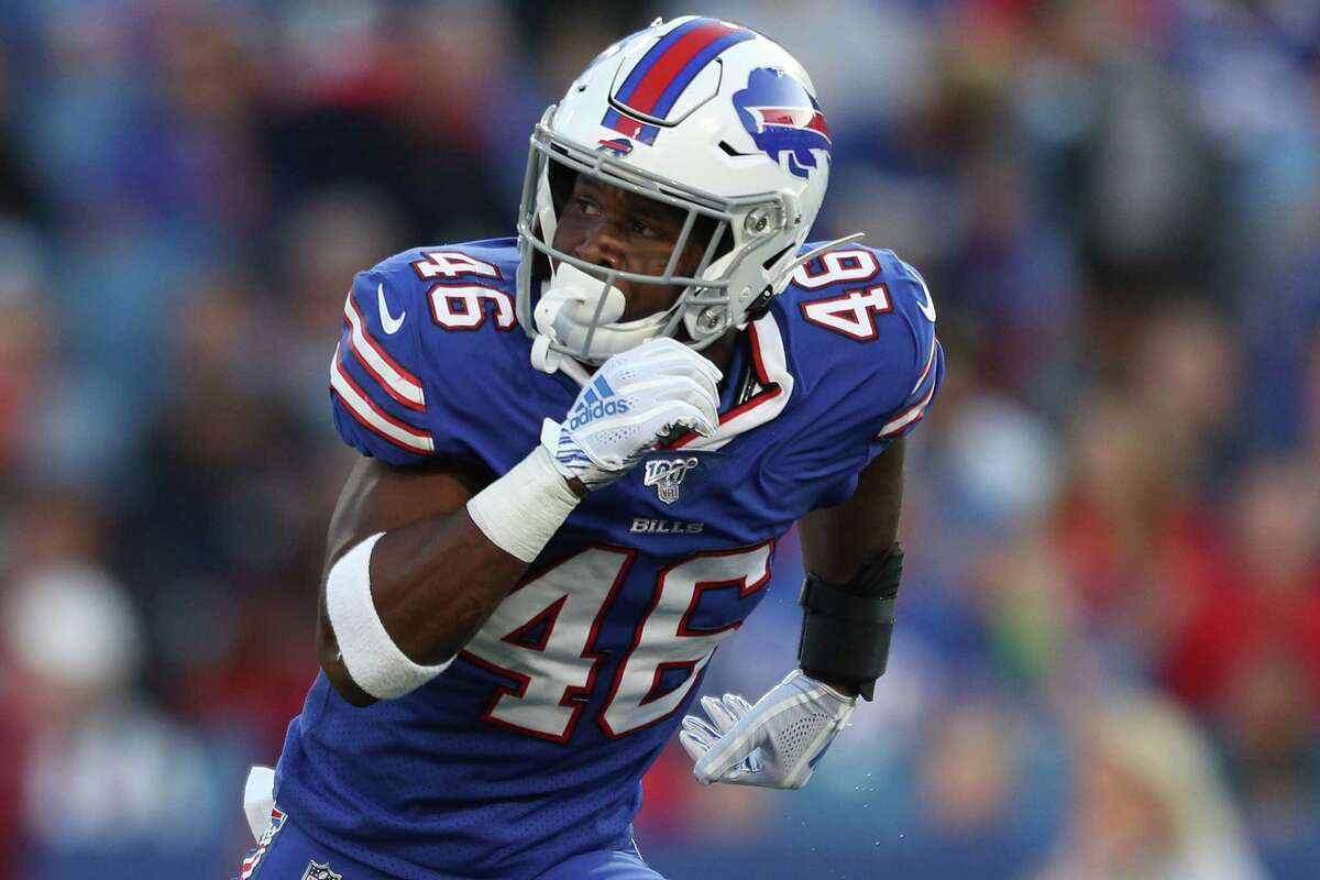 ORCHARD PARK, NEW YORK - AUGUST 29: Jaquan Johnson #46 of the Buffalo Bills runs during a preseason game against the Minnesota Vikings at New Era Field on August 29, 2019 in Orchard Park, New York. (Photo by Bryan M. Bennett/Getty Images)