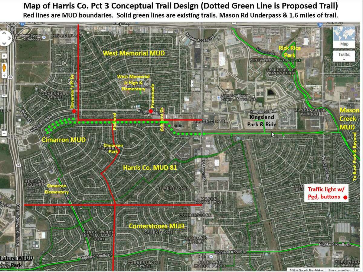 Utility districts are working with Harris County Precinct 3 to extend the Mason Creek Hike & Bike trail system west by constructing a pedestrian undercrossing at South Mason Road.