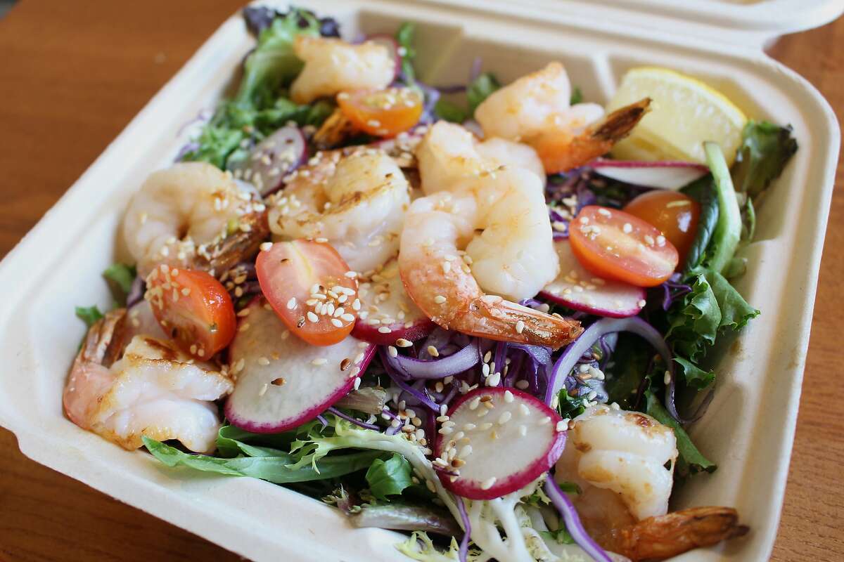 The jasmine tea leaf salad with shrimp ($12) from Sunday Gather, which has taken over Huli Huli Hawaiian Grill at 4100 3rd St., San Francisco.