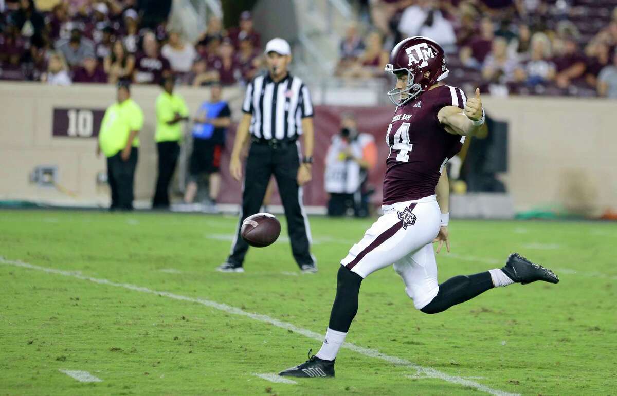 Texas A&M punter Braden Mann (34) punts the ball against Texas State during the second half of an NCAA college football game, Thursday, Aug. 29, 2019, in College Station, Texas. (AP Photo/Sam Craft)