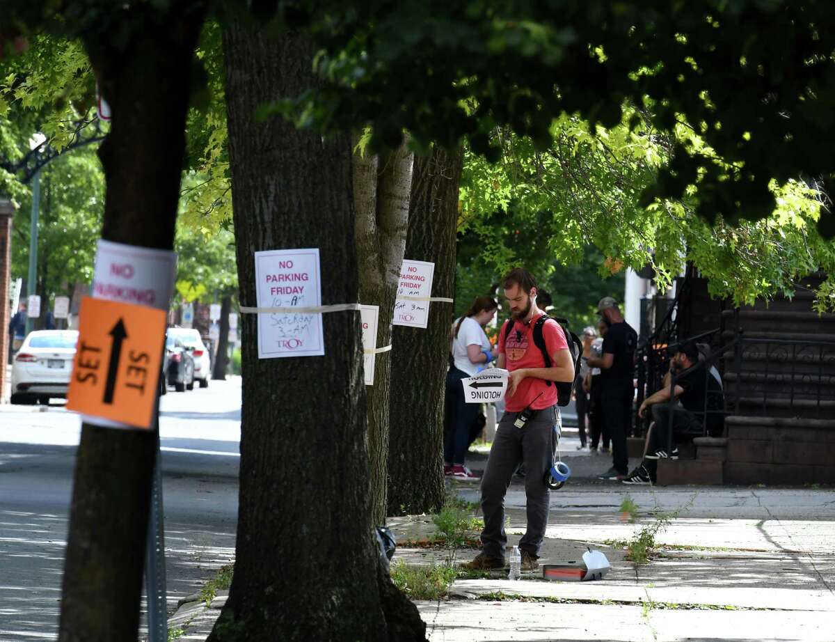 "Silent Retreat" (2019): Crew members prepare for the shoot of 'Silent Retreat,' a romantic comedy directed by Todd Strauss-Schulson on Friday, Aug. 30, 2019, on First Street in Troy, N.Y. (Will Waldron/Times Union)