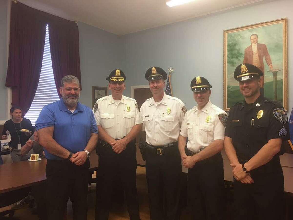 New Milford Mayor Pete Bass and Police Chief Spencer Cerruto with newly promoted officers Lt. Wheeler, Lt. Grabner and Sgt. Lafond.