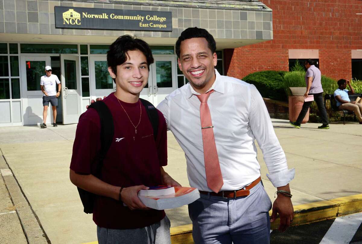 Norwalk Community College student and Bridge to College program participant Nevin Avila meets with one of the program's counselors, Thomas Agosto, Thursday, August 29, 2019, at NCC in Norwalk, Conn. The new pilot program aims to decrease the number of Stamford Public Schools students who graduate with the intention of attending college but fail to follow through come the fall, a phenomena known as “summer melt.”