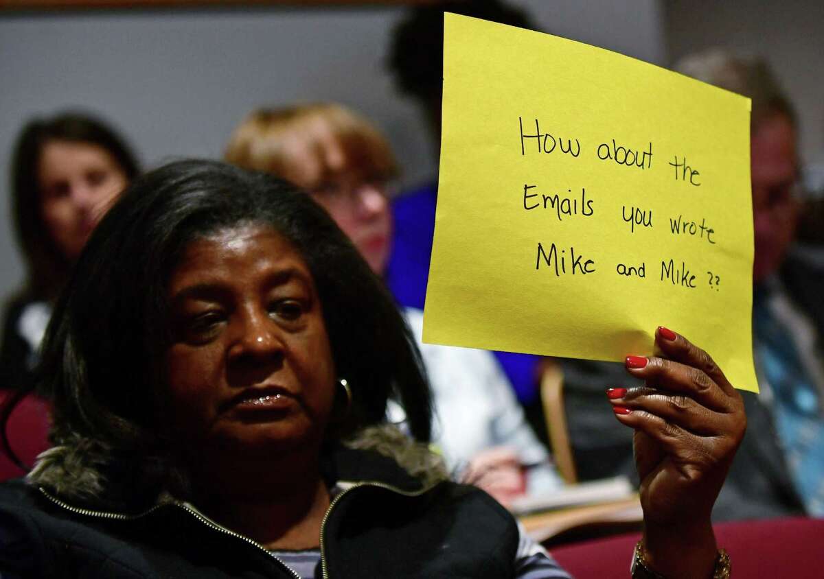 NAACP protesters including Brenda Penn-Williams attend a Board of Education meeting March 5 at City Hall in Norwalk. Members of the NAACP and other supporters of the group asked for an apology and for the resignation of ed board chairman Mike Barbis for comments he made via email urging other board members not to attend an NAACP event in the fall.