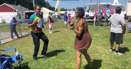 Gov. Ned Lamont dances during Friday’s concert at the Woodstock Fair. Photo: From Twitter / Kaitlyn Krasselt