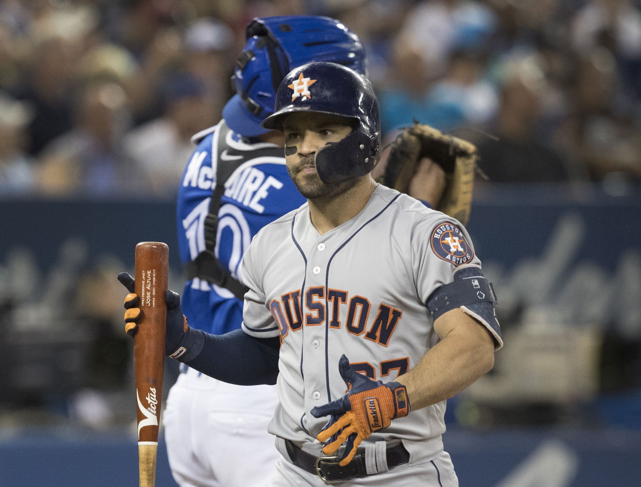 Aledmys Diaz of the Houston Astros lines out to Vladimir Guerrero Jr