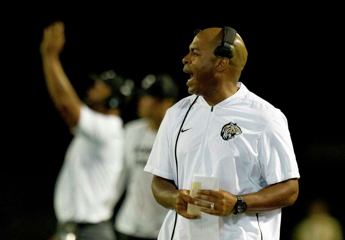 Conroe head coach Cedric Hardeman is seen during the third quarter of a non-district high school football game at Buddy Moorhead Stadium, Friday, Aug. 30, 2019, in Conroe.