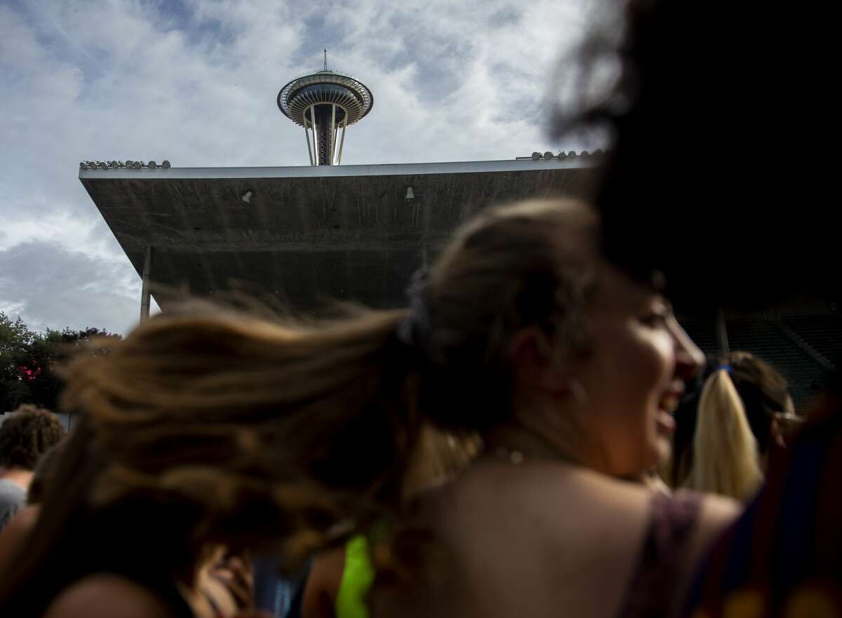 Young fans dance to SOB X RBE at the MainStage on the first day of Bumbershoot at Seattle Center, Friday, Aug. 30, 2019. (Lindsey Wasson, seattlepi.com)