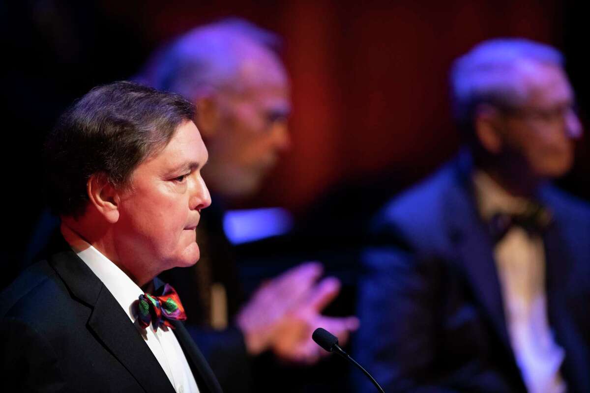 Bruce Bugg holds back tears as he remembers the late jazz bandleader Jim Cullum during an Aug. 31, 2019, memorial service at the Tobin Center for the Performing Arts. Bugg led the private-sector fundraising for what became the Tobin Center for the Performing Arts.