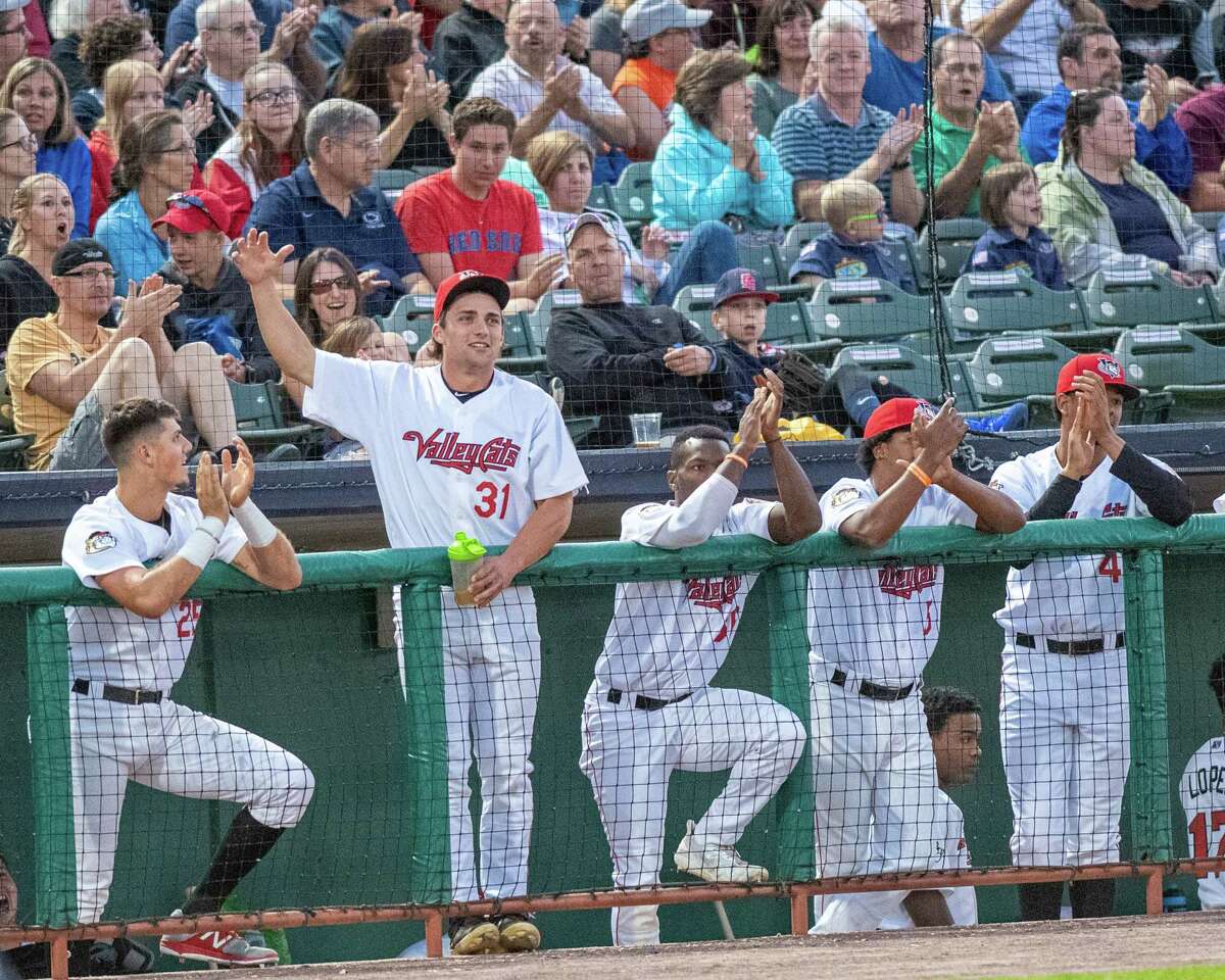 Tri-City ValleyCats outfielder Peston Pavlica cheers on his teammates during a game against the Vermont Lake Monsters on Saturday, Aug. 31, 2019 at the Joseph L. Bruno Stadium in Troy NY (Jim Franco/Special to the Times Union.)