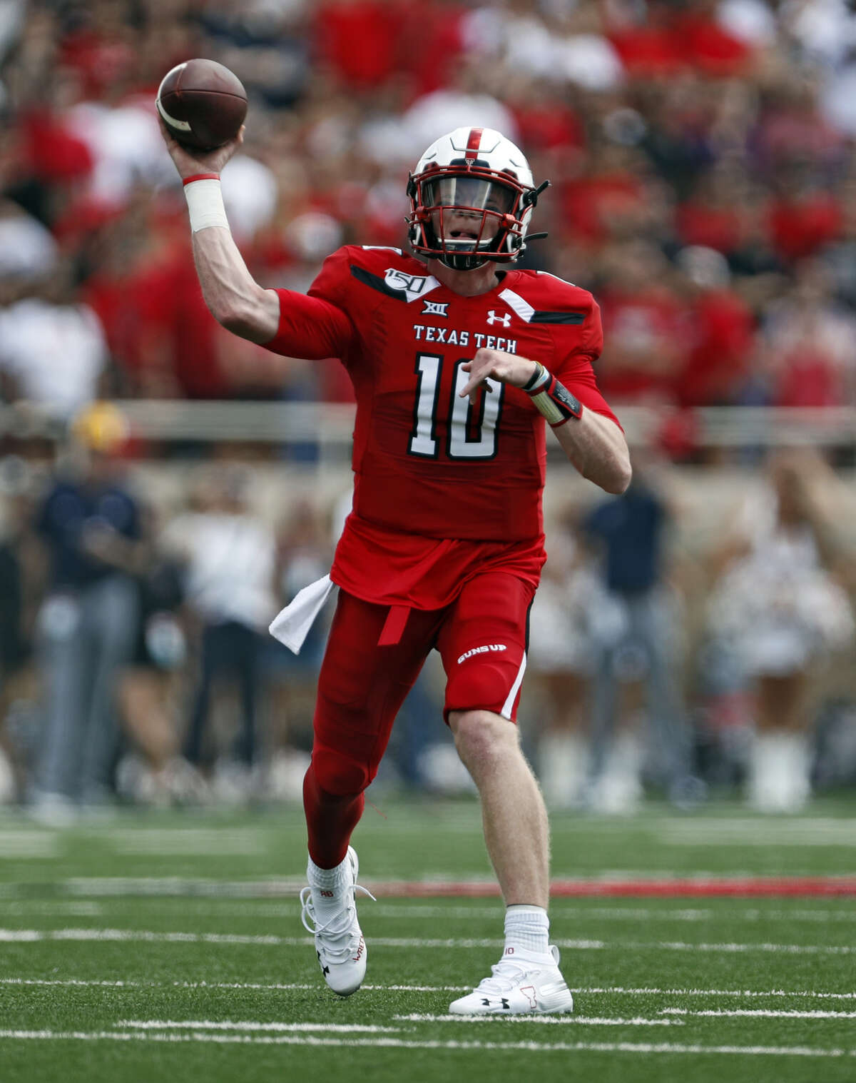 Texas Tech's Alan Bowman (10) passes the ball down field against Montana State during the first half of an NCAA college football game, Saturday, Aug. 31, 2019, in Lubbock. (Brad Tollefson/Lubbock Avalanche-Journal via AP)