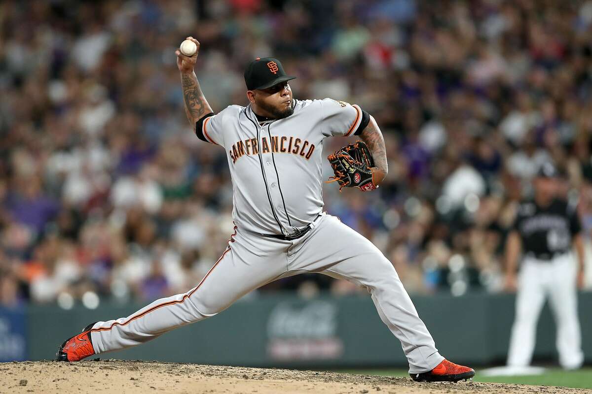 DENVER, COLORADO - AUGUST 02: Pitcher Reyes Moronta #54 of the San Francisco Giants throws in the seventh inning against the Colorado Rockies at Coors Field on August 02, 2019 in Denver, Colorado. (Photo by Matthew Stockman/Getty Images)