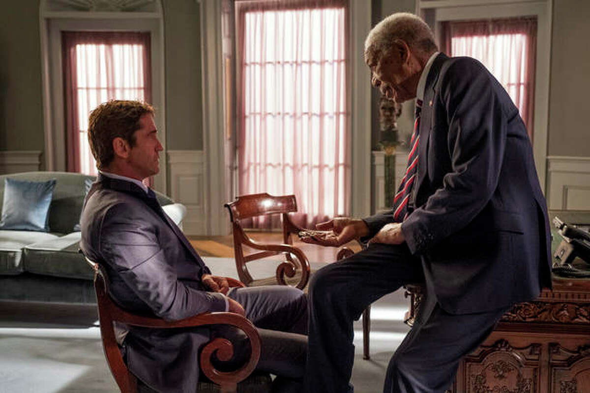 Gerard Butler, left, and Morgan Freeman in “Angel Has Fallen,” directed by Ric Roman Waugh.