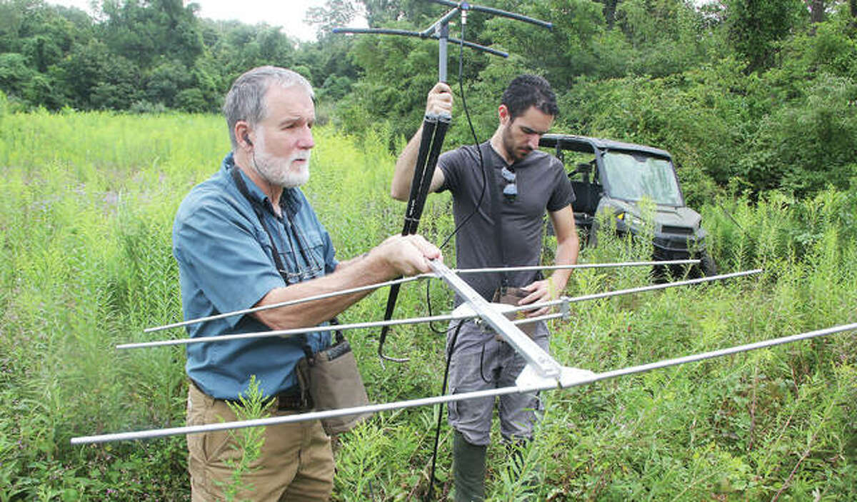 Dr. Scott Eckert, left, chair of the Biology Department at Principia College, and staff biologist Ian Armesy, use radio receivers to look for a timber rattlesnake on college property. Eckert has been studying the snake’s movement for about five years, and they are currently monitoring about a dozen snakes.