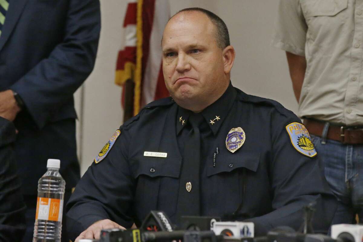 Odessa Police Chief Michael Gerke announces that he does not want to speak the name of the shooter from Saturday's shooting during a news conference Sunday, Sept. 1, 2019, in Odessa, Texas. (AP Photo/Sue Ogrocki)