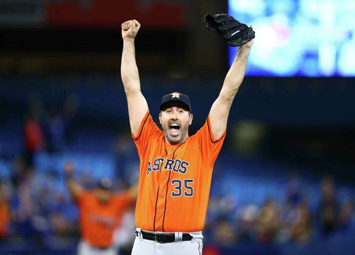 TORONTO, ON - SEPTEMBER 01: Justin Verlander #35 of the Houston Astros reacts after throwing a no hitter at the end of the ninth inning during a MLB game against the Toronto Blue Jays at Rogers Centre on September 01, 2019 in Toronto, Canada.