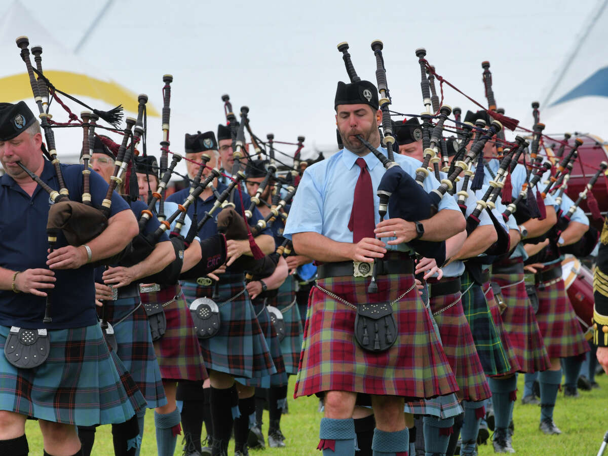 Pipe and drum bands from the Capital District, Vermont and New Jersey perform during the opening ceremonies of the Capital District Scottish Games at the Altamont Fairgrounds on Sunday, Sept. 1, 2019, in Altamont, N.Y. (Paul Buckowski/Times Union)