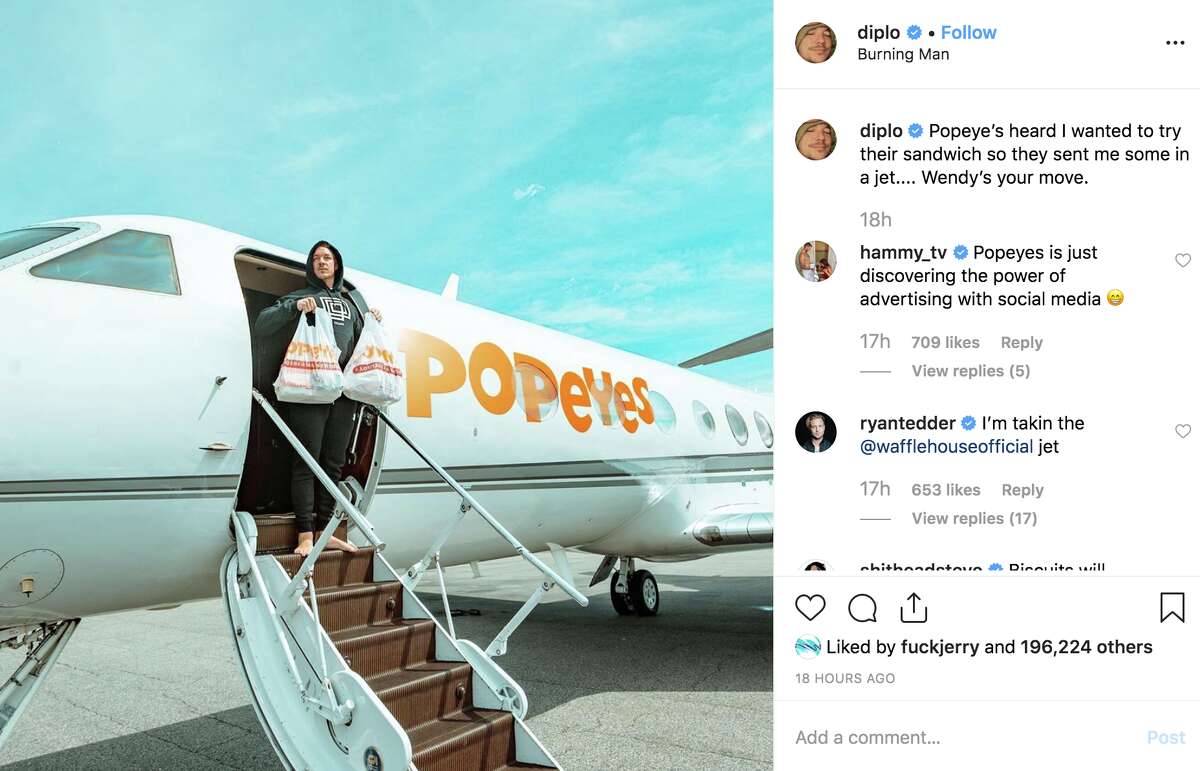 Electronic DJ Diplo arrived on trend in a Popeyes plane.