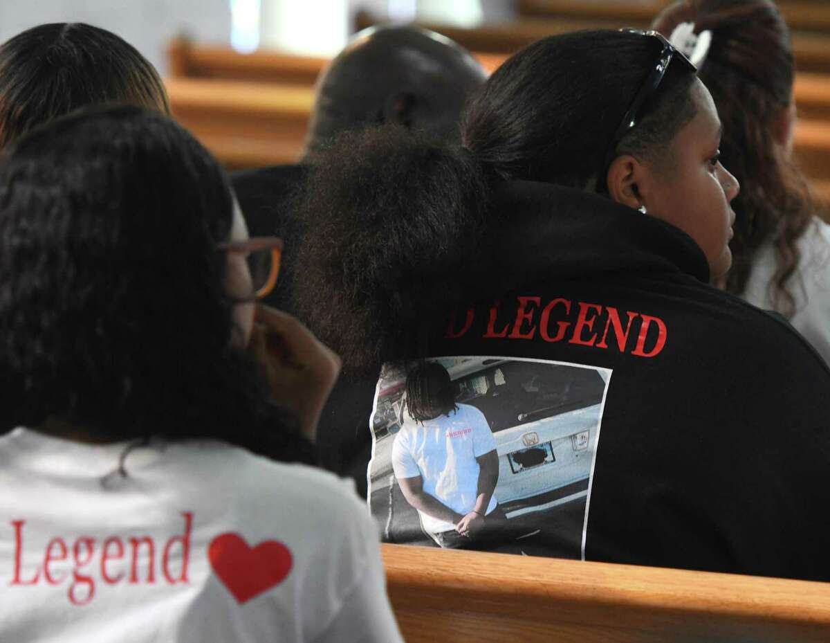 Friends and family of Ky-Mani Antoine-Pollack attend his funeral service at Bethel AME Church in Stamford on Sunday.