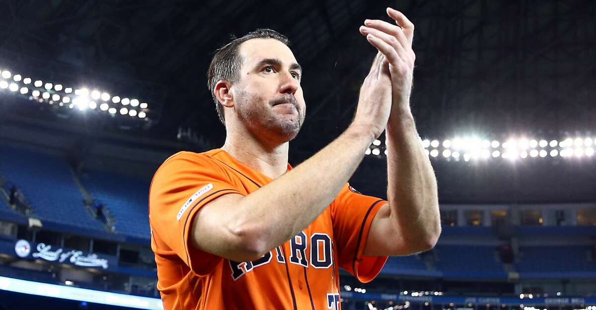 TORONTO, ON - SEPTEMBER 01: Justin Verlander #35 of the Houston Astros celebrates after throwing a no hitter at the end of the ninth inning during a MLB game against the Toronto Blue Jays at Rogers Centre on September 01, 2019 in Toronto, Canada. (Photo by Vaughn Ridley/Getty Images)