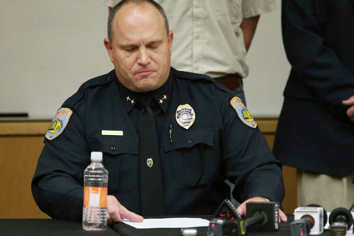 Odessa Police Department Chief Michael Gerke pauses as he reads a statement on the mass shootings during a press conference at the University of Texas of the Permian Basin, Sunday, Sept. 1, 2019. Seth Aaron Ator, 36, of Odessa, is suspected of killing seven people an injuring 19 in a shooting spree on Saturday.