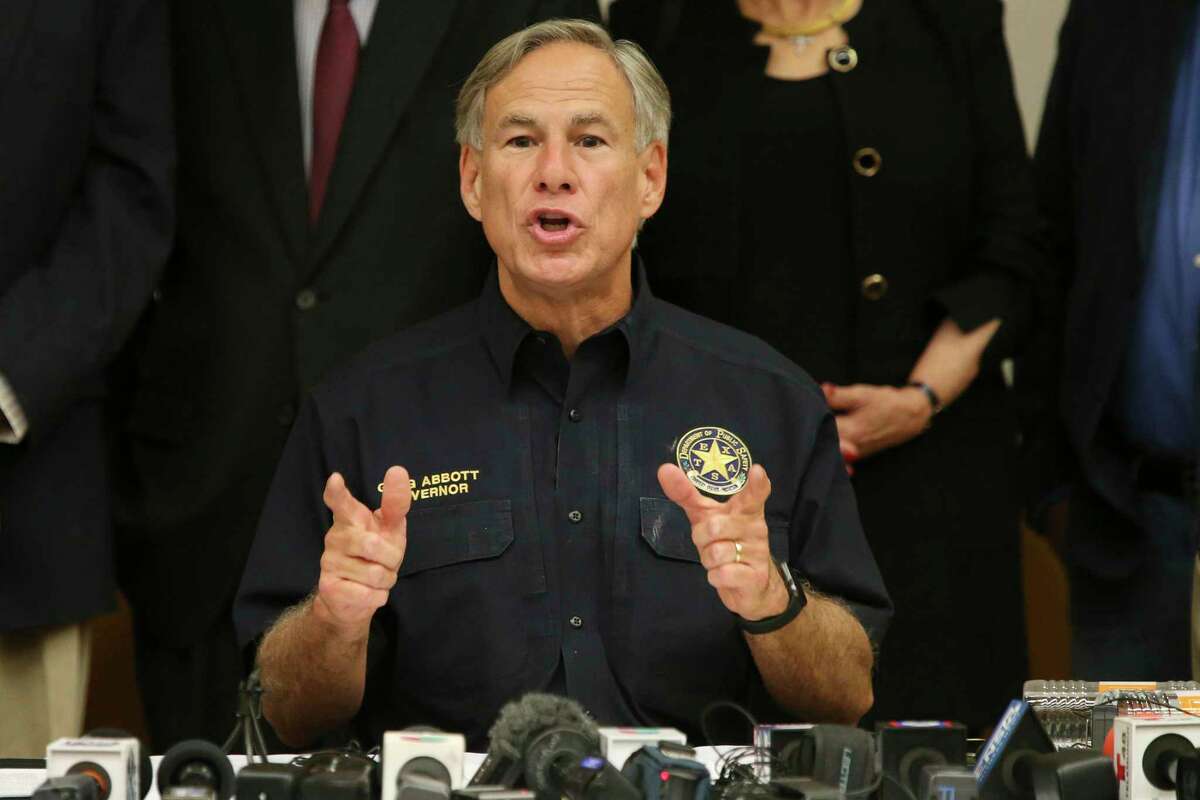 Texas Gov. Greg Abbott response to a question on the banning of assault-style weapons during a press conference at the University of Texas of the Permian Basin, Sunday, Sept. 1, 2019. Seth Aaron Ator, 36, of Odessa, is suspected of killing seven people an injuring 19 in a shooting spree on Saturday.