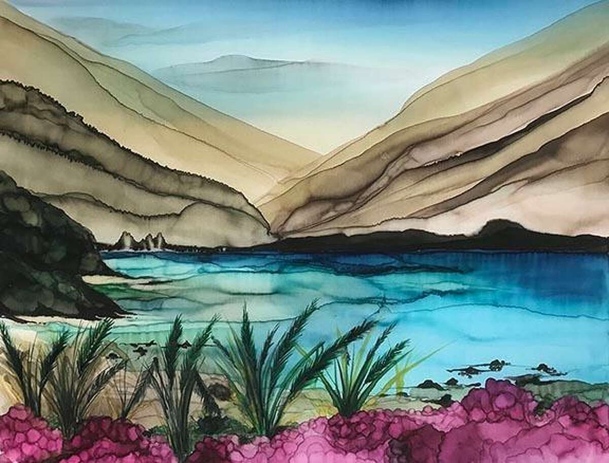 Tranquil Cove, by Jim Cusomano, is a work on silk that will be on display as part of the Silk Painters International exhibition at Wilton Library, opening Sept. 6.