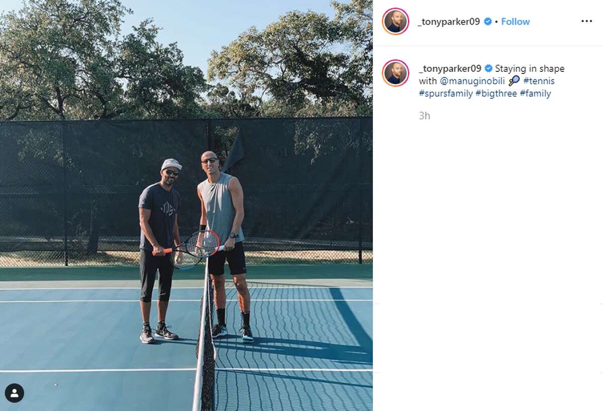 "Staying in shape with @manuginobili #tennis #spursfamily #bigthree #family," Former Spur Tony Parker captioned this Instagram post.