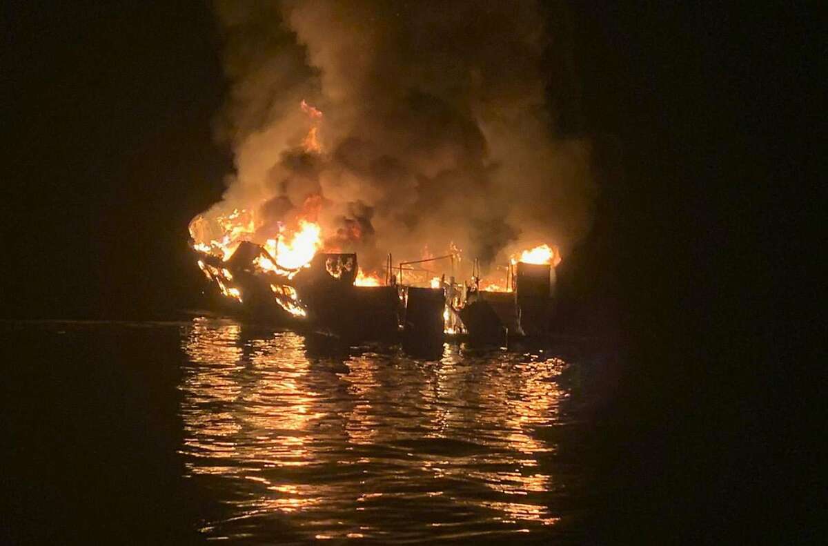 A boat caught fire off the Ventura County coast Monday morning, Sept. 2, 2019 near Santa Cruz Island and a rescue operation is underway. (Santa Barbara Fire Dept./TNS)