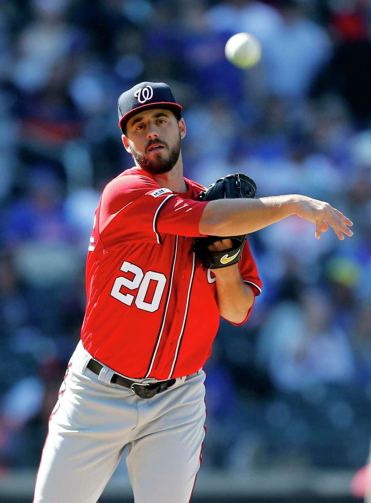 NEW YORK, NEW YORK - APRIL 06: Kyle Barraclough #20 of the Washington Nationals in action against the New York Mets at Citi Field on April 06, 2019 in the Flushing neighborhood of the Queens borough of New York City. The Mets defeated the Nationals 6-5. (Photo by Jim McIsaac/Getty Images)