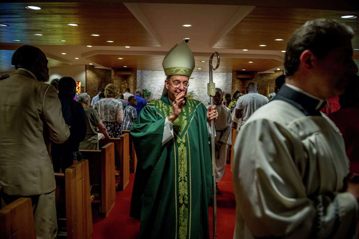 Archbishop William Lori, head of the Archdiocese of Baltimore, leaves after delivering Sunday Mass at Holy Family Catholic Church on July 14, 2019, in Randallstown, Md.