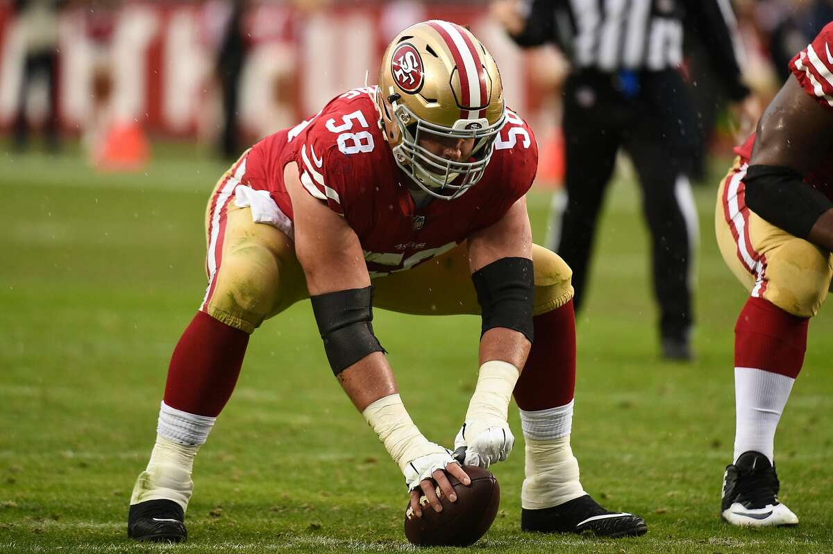 SANTA CLARA, CA - DECEMBER 16: San Francisco 49ers Center Weston Richburg (58) during the NFL game between the Seattle Seahawks and the San Francisco 49ers on December 16, 2018 at Levi's Stadium in Santa Clara, CA.  (Photo by Cody Glenn / Icon Sportswire via Getty Images)