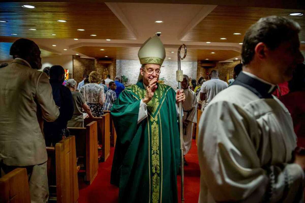 Archbishop William Lori, head of the Archdiocese of Baltimore, leaves after delivering Sunday Mass at Holy Family Catholic Church on July 14, 2019, in Randallstown, Md.Photo For The Washington Post By Mary F. Calvert