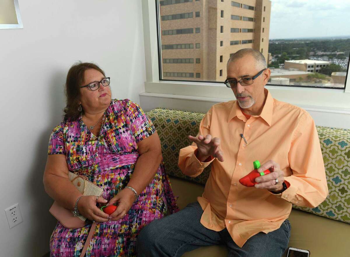 Karen Whiteley listens as her husband, Jim, speaks about the search for a donor liver. Jim, 54, is a liver transplant candidate at University Hospital in San Antonio. He was diagnosed with cryptogenic cirrhosis of his liver in 2012. It is not entirely clear what caused his liver disease, which triggered a cascade of health problems that resulted in more than 40 hospitalizations in 2016 and 2017.