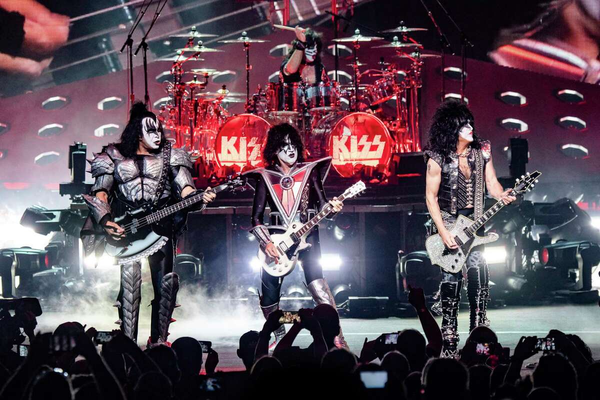 Gene Simmons (from left), Tommy Thayer, Eric Singer, and Paul Stanley of Kiss will play San Antonio — perhaps for the last time — on Sunday when the band’s End of the Road tour stops at the AT&T Center.