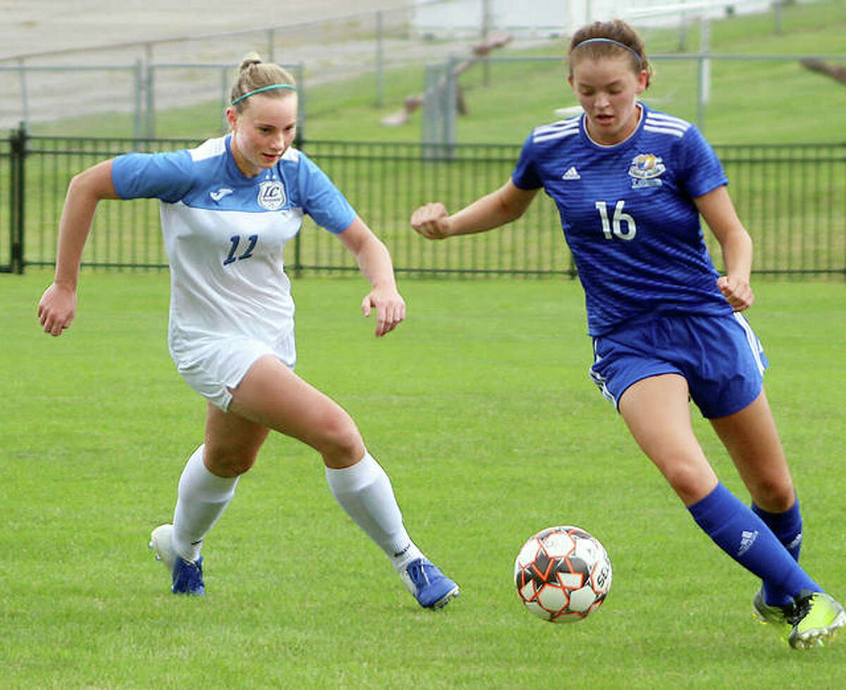 LCCC’s Candice Parziani (11) scored a goal in her team’s loss Saturday to Laramie County, Wyoming in Wichita, Kansas. She is shown in action last week against Iowa Lakes College. The Trailblazers will face first-year Region 24 team Lincoln Trail Wednesday in Robinson, Ill.