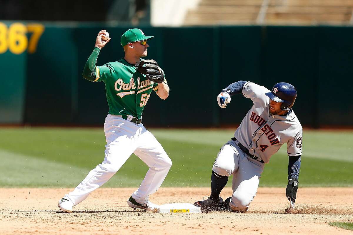 OAKLAND, CALIFORNIA - AUGUST 18: Corban Joseph #56 of the Oakland Athletics gets the force out of George Springer #4 of the Houston Astros at second base in the top of the fifth inning at Ring Central Coliseum on August 18, 2019 in Oakland, California. (Photo by Lachlan Cunningham/Getty Images)