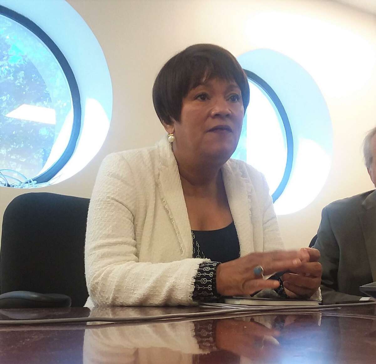 New Haven Mayor Toni N. Harp speaks to the New Haven Register Editorial Board before the 2019 primary.