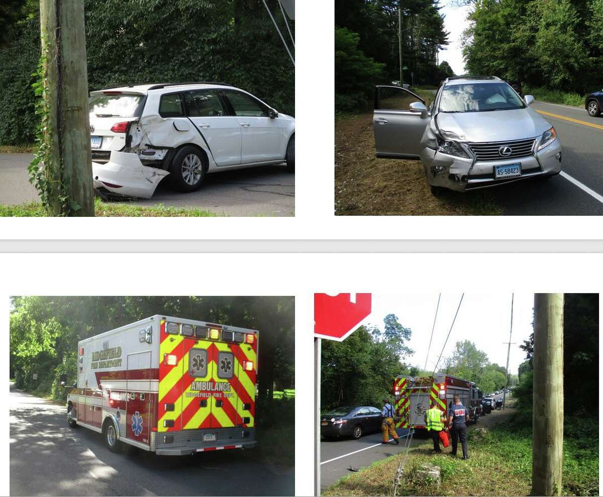 Ridgefield firefighters and medics arrive at the scene of a car accident at the intersection of Ashbee Lane and Route 7 on Aug. 29. Neighbors have petition the state’s Department of Transportation for improved safety measures at the intersection.