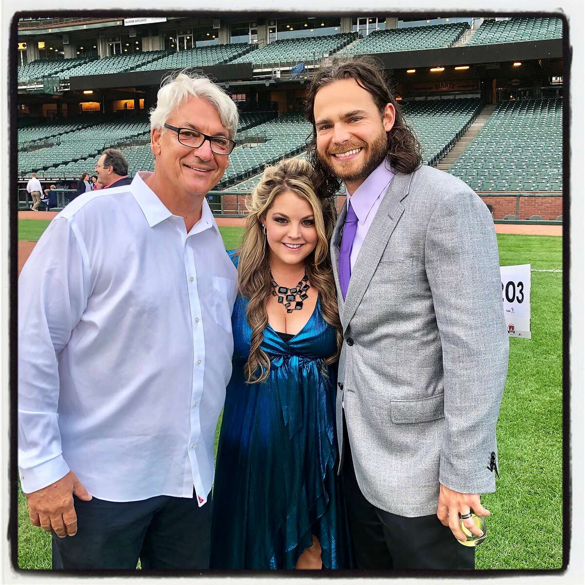 Former SF Giants pitcher Dave Dravecky (left) with Jaylynne Crawford and her husband, Giants shortstop Brandon Crawford at the BP28 Gala. August 28, 2019.