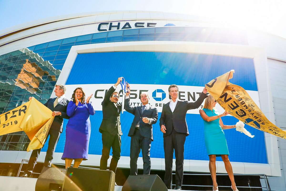 (l-r) Warriors President and Chief Operating Officer Rick Welts, San Francisco Mayor London Breed, Warriors co-owners Peter Guber and Joe Lacob, California Gov. Gavin Newsom and Kristin Lemkau of JP Morgan cut the ribbon at the opening ceremony of the Chase Center in San Francisco, California, on Tuesday, Sept. 3, 2019.